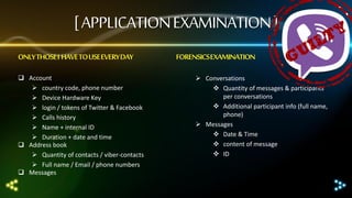 [ APPLICATION EXAMINATION ]
ONLY THOSE I HAVE TO USE EVERY DAY
 Account
 country code, phone number
 Device Hardware Key
 login / tokens of Twitter & Facebook
 Calls history
 Name + internal ID
 Duration + date and time
 Address book
 Quantity of contacts / viber-contacts
 Full name / Email / phone numbers
 Messages

FORENSICS EXAMINATION
 Conversations
 Quantity of messages & participants
per conversations
 Additional participant info (full name,
phone)
 Messages
 Date & Time
 content of message
 ID

 
