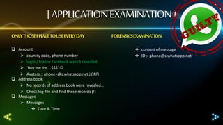 [ APPLICATION EXAMINATION ]
ONLY THOSE I HAVE TO USE EVERY DAY
 Account
 country code, phone number
 login / tokens Facebook wasn’t revealed
 ‘Buy me for….$$$’ 
 Avatars :: phone+@s.whatsapp.net.j (jfif)
 Address book
 No records of address book were revealed…
 Check log-file and find these records (!)
 Messages
 Messages
 Date & Time

FORENSICS EXAMINATION
 content of message
 ID :: phone@s.whatsapp.net

 