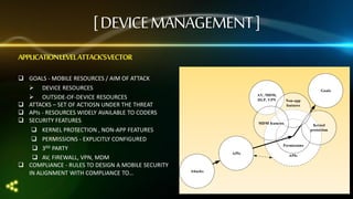 [ DEVICE MANAGEMENT ]
APPLICATION LEVEL ATTACK’SVECTOR
 GOALS - MOBILE RESOURCES / AIM OF ATTACK
 DEVICE RESOURCES
 OUTSIDE-OF-DEVICE RESOURCES
 ATTACKS – SET OF ACTIOSN UNDER THE THREAT
 APIs - RESOURCES WIDELY AVAILABLE TO CODERS
 SECURITY FEATURES
 KERNEL PROTECTION , NON-APP FEATURES
 PERMISSIONS - EXPLICITLY CONFIGURED
 3RD PARTY
 AV, FIREWALL, VPN, MDM
 COMPLIANCE - RULES TO DESIGN A MOBILE SECURITY
IN ALIGNMENT WITH COMPLIANCE TO…

Goals
AV, MDM,
DLP, VPN

Non-app
features

MDM features

Kernel
protection

Permissions
APIs

Attacks

APIs

 