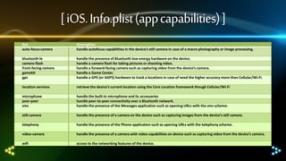 [ iOS. Info.plist(app capabilities) ]
Key
auto-focus-camera

Description
handle autofocus capabilities in the device’s still camera in case of a macro photography or image processing.

bluetooth-le
camera-flash
front-facing-camera
gamekit
gps

handle the presence of Bluetooth low-energy hardware on the device.
handle a camera flash for taking pictures or shooting video.
handle a forward-facing camera such as capturing video from the device’s camera.
handle a Game Center.
handle a GPS (or AGPS) hardware to track a locations in case of need the higher accuracy more than Cellular/Wi-Fi.

location-services

retrieve the device’s current location using the Core Location framework though Cellular/Wi-Fi

microphone
peer-peer
sms

handle the built-in microphone and its accessories
handle peer-to-peer connectivity over a Bluetooth network.
handle the presence of the Messages application such as opening URLs with the sms scheme.

still-camera

handle the presence of a camera on the device such as capturing images from the device’s still camera.

telephony

handle the presence of the Phone application such as opening URLs with the telephony scheme.

video-camera

handle the presence of a camera with video capabilities on device such as capturing video from the device’s camera.

wifi

access to the networking features of the device.

 