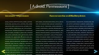 [ A droid. Permissions ]
List contains~150 permissions

I have ever seen that on old BlackBerry devices

ACCESS_CHECKIN_PROPERTIES,ACCESS_COARSE_LOCATION,

OSTIC,DISABLE_KEYGUARD,DUMP,EXPAND_STATUS_BAR,FAC

RD_AUDIO,REORDER_TASKS,RESTART_PACKAGES,SEND_SMS

ACCESS_FINE_LOCATION,ACCESS_LOCATION_EXTRA_COMM

TORY_TEST,FLASHLIGHT,FORCE_BACK,GET_ACCOUNTS,GET_

,SET_ACTIVITY_WATCHER,SET_ALARM,SET_ALWAYS_FINISH,

ANDS,ACCESS_MOCK_LOCATION,ACCESS_NETWORK_STATE,

PACKAGE_SIZE,GET_TASKS,GLOBAL_SEARCH,HARDWARE_TE

SET_ANIMATION_SCALE,SET_DEBUG_APP,SET_ORIENTATION

ACCESS_SURFACE_FLINGER,ACCESS_WIFI_STATE,ACCOUNT_

ST,INJECT_EVENTS,INSTALL_LOCATION_PROVIDER,INSTALL_P

,SET_POINTER_SPEED,SET_PREFERRED_APPLICATIONS,SET_P

MANAGER,ADD_VOICEMAIL,AUTHENTICATE_ACCOUNTS,BAT

ACKAGES,INTERNAL_SYSTEM_WINDOW,INTERNET,KILL_BACK

ROCESS_LIMIT,SET_TIME,SET_TIME_ZONE,SET_WALLPAPER,S

TERY_STATS,BIND_ACCESSIBILITY_SERVICE,BIND_APPWIDGET

GROUND_PROCESSES,MANAGE_ACCOUNTS,MANAGE_APP_T

ET_WALLPAPER_HINTS,SIGNAL_PERSISTENT_PROCESSES,STA

,BIND_DEVICE_ADMIN,BIND_INPUT_METHOD,BIND_REMOTE

OKENS,MASTER_CLEAR,MODIFY_AUDIO_SETTINGS,MODIFY_

TUS_BAR,SUBSCRIBED_FEEDS_READ,SUBSCRIBED_FEEDS_WR

VIEWS,BIND_TEXT_SERVICE,BIND_VPN_SERVICE,BIND_WALL

PHONE_STATE,MOUNT_FORMAT_FILESYSTEMS,MOUNT_UN

ITE,SYSTEM_ALERT_WINDOW,UPDATE_DEVICE_STATS,USE_C

PAPER,BLUETOOTH,BLUETOOTH_ADMIN,BRICK,BROADCAST_

MOUNT_FILESYSTEMS,NFC,PERSISTENT_ACTIVITY,PROCESS_

REDENTIALS,USE_SIP,VIBRATE,WAKE_LOCK,WRITE_APN_SET

PACKAGE_REMOVED,BROADCAST_SMS,BROADCAST_STICKY,

OUTGOING_CALLS,READ_CALENDAR,READ_CALL_LOG,READ_

TINGS,WRITE_CALENDAR,WRITE_CALL_LOG,WRITE_CONTAC

BROADCAST_WAP_PUSH,CALL_PHONE,CALL_PRIVILEGED,CA

CONTACTS,READ_EXTERNAL_STORAGE,READ_FRAME_BUFFE

TS,WRITE_EXTERNAL_STORAGE,WRITE_GSERVICES,WRITE_HI

MERA,CHANGE_COMPONENT_ENABLED_STATE,CHANGE_CO

R,READ_HISTORY_BOOKMARKS,READ_INPUT_STATE,READ_L

STORY_BOOKMARKS,WRITE_PROFILE,WRITE_SECURE_SETTIN

NFIGURATION,CHANGE_NETWORK_STATE,CHANGE_WIFI_M

OGS,READ_PHONE_STATE,READ_PROFILE,READ_SMS,READ_

GS,WRITE_SETTINGS,WRITE_SMS,WRITE_SOCIAL_STREAM,W

ULTICAST_STATE,CHANGE_WIFI_STATE,CLEAR_APP_CACHE,C

SOCIAL_STREAM,READ_SYNC_SETTINGS,READ_SYNC_STATS,

RITE_SYNC_SETTINGS,WRITE_USER_DICTIONARY,

LEAR_APP_USER_DATA,CONTROL_LOCATION_UPDATES,DELE

READ_USER_DICTIONARY,REBOOT,RECEIVE_BOOT_COMPLET

TE_CACHE_FILES,DELETE_PACKAGES,DEVICE_POWER,DIAGN

ED,RECEIVE_MMS,RECEIVE_SMS,RECEIVE_WAP_PUSH,RECO

 