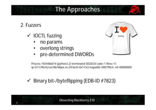 The Approaches
2. Fuzzers
 IOCTL fuzzing
• no params
• overlong strings
• pre-determined DWORDs
Process 1924486014 (python3.2) terminated SIGSEGV code=1 fltno=11
ip=011c90c4(/usr/lib/ldqnx.so.2@ioctl+0x113c) mapaddr=000790c4. ref=00000000

 Binary bit-/byteflipping (EDB-ID #7823)

12

Dissecting Blackberry Z10

 