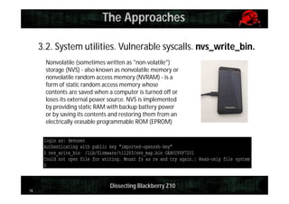 The Approaches
3.2. System utilities. Vulnerable syscalls. nvs_write_bin.
Nonvolatile (sometimes written as "non-volatile")
storage (NVS) - also known as nonvolatile memory or
nonvolatile random access memory (NVRAM) - is a
form of static random access memory whose
contents are saved when a computer is turned off or
loses its external power source. NVS is implemented
by providing static RAM with backup battery power
or by saving its contents and restoring them from an
electrically erasable programmable ROM (EPROM)

16

Dissecting Blackberry Z10

 