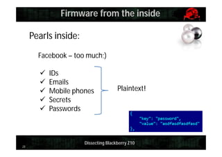 Firmware from the inside
Pearls inside:
Facebook – too much;)






23

IDs
Emails
Mobile phones
Secrets
Passwords

Plaintext!

Dissecting Blackberry Z10

 