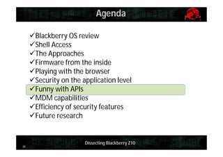 Agenda
Blackberry OS review
Shell Access
The Approaches
Firmware from the inside
Playing with the browser
Security on the application level
Funny with APIs
MDM capabilities
Efficiency of security features
Future research

30

Dissecting Blackberry Z10

 