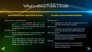 What is about Public Clouds
Some known facts about AWS & Azure
 Top clouds are not OpenSource


OpenStack is APIs compatible with Amazon EC2
and Amazon S3 and thus client applications written
for AWS can be used with OpenStack with minimal
porting effort, while Azure is not
 Platform lock-in


Beside of OpenStack, there are Import/Export tools
to migrate from/to VMware, while Azure is not
 Data Lock-in


Native AWS solutions linked with Cisco routers to
upload, download and tunneling as well as 3rd party
storage like SMEStorage (AWS, Azure, Dropbox,
Google, etc.) , while Azure is not

in order to issues mentioned above
 Tools Lock-in


Longing for an inter-cloud managing tools that are
industrial and built with compliance
 APIs Lock-In
 Longing for inter-cloud APIs, however there were
known inter-OS APIs for PC, MDM, Mobiles, etc.
 No Transparency


Weak compliance and transparency due to SAS 70
and NDA relationships between cloud vendor and
third party auditors and experts

 Abuse
 Abusing is not a new issue and is everywhere
 AWS Vulnerability Bulletins as a kind of quick
response and stay tuned

 