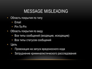 MESSAGE MISLEADING
• Область покрытия по типу
• Email
• Pin-To-Pin
• Область покрытия по виду
• Все типы сообщений (входящие, исходящие)
• Все типы статусов сообщений
• Цель
• Провокация на запуск вредоносного кода
• Затруднение криминалистического расследования
 