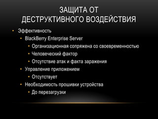 ЗАЩИТА ОТ
ДЕСТРУКТИВНОГО ВОЗДЕЙСТВИЯ
• Эффективность
• BlackBerry Enterprise Server
• Организационная сопряжена со своевременностью
• Человеческий фактор
• Отсутствие атак и факта заражения
• Управление приложением
• Отсутствует
• Необходимость прошивки устройства
• До перезагрузки
 