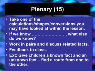 04/13/16 J. Knapp 6/06 16
Plenary (15)Plenary (15)
• Take one of the
calculations/shapes/conversions you
may have looked at within the lesson.
• If we know ……………………, what else
do we know?
• Work in pairs and discuss related facts.
• Feedback to class.
• Ext: Give children a known fact and an
unknown fact – find a route from one to
the other.
• Take one of the
calculations/shapes/conversions you
may have looked at within the lesson.
• If we know ……………………, what else
do we know?
• Work in pairs and discuss related facts.
• Feedback to class.
• Ext: Give children a known fact and an
unknown fact – find a route from one to
the other.
 