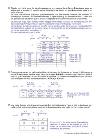 25. El color rojo de la pulpa del tomate depende de la presencia de un factor R dominante sobre su
    alelo r para el amarillo. El tamaño normal de la planta se debe a un gen N dominante sobre el ta-
    maño enano n.
    Se cruza una planta de pulpa roja y tamaño normal, con otra amarilla y normal y se obtienen: 30
    plantas rojas normales, 31 amarillas normales, 9 rojas enanas y 10 amarillas enanas. Cuáles son
    los genotipos de las plantas que se cruzan. Comprobar el resultado realizando el cruzamiento.
   La planta de pulpa roja y tamaño normal (rasgos dominantes), tiene que ser heterocigoto para am-
   bos caracteres (RrNn) puesto que aparecen descendientes amarillos (rr) y enanos (nn).
   La planta con tomates amarillos de tamaño normal también debe tiene que ser heterocigoto (Nn)
   para este último carácter por la misma razón. El color amarillo, por ser el carácter recesivo, corres-
   ponderá a un genotipo homocigoto rr.
   El cruce realizado será, por lo tanto:

                                     F1                 RrNn                 x              rrNn
                                                 Rojos Normales                    Amarillos Normales
                                   gametos     RN    Rn    rN   rn                  rN           rn

                                                          RN            Rn          rN             rn

                                     F2         rN      RrNN          RrNn        rrNN           rrNn
                                                        Roj.Nor.     Roj.Nor.    Ama.Nor.       Ama.Nor.
                                                rn      RrNn          Rrnn        rrNn           rrnn
                                                        Roj.Nor.     Roj.Ena.    Ama.Nor.       Ama.Ena.
           GENOTIPOS        PROPORCIÓN                    FENOTIPOS                PROPORCIÓN
            RrNN               1/8                Rojos normales                          3/8              3/8 de 80 = 30
            RrNn               1/4                 Rojos enanos                           1/8              1/8 de 80 = 10
            rrNN               1/8              Amarillos normales                        3/8              3/8 de 80 = 30
            rrNn               1/4               Amarillos enanos                         1/8              1/8 de 80 = 10
            Rrnn               1/8
            rrnn               1/8


26. Supongamos que en los melones la diferencia del peso del fruto entre un tipo de 1.500 gramos y
    otro de 2.500 gramos se debe a dos pares de factores A1A1A2A2 que contribuyen cada uno de ellos
    con 250 gramos de peso al fruto. Indicar en el siguiente cruzamiento cuál será la amplitud de varia-
    ción en el peso del fruto de la descendencia: A1a1A2a2 x A1a1A2A2 .

                              A1a1A2a2                    x                A1a1A2A2
                             Melón 2.000                                Melón 2.250
      gametos   A1A2         A1a2     a1A2      a1a2                A1A2           a1A2

                gametos            A1A2          A1a2               a1A2           a1a2
                  A1A2        A1A1A2A2         A1A1A2a2        A1a1A2A2          A1a1A2a2
                                2.500 g         2.250 g            2.250 g        2.000 g               El peso en la descendencia
                              A1a1A2A2         A1a1A2a2        a1a1A2A2          a1a1A2a2               oscilará entre los 1.750g y los
                  a1A2
                                2.250 g         2.000 g            2.000 g        1.750 g               2.500 g.




27. Una mujer lleva en uno de sus cromosomas X un gen letal recesivo l y en el otro el dominante nor-
    mal L. ¿Cuál es la proporción de sexos en la descendencia de esta mujer con un hombre normal?

                       XLXl               x          XLY
                Mujer portadora                Hombre normal
      gametos    XL           Xl               XL        Y


                  gametos                 XL            Xl

                       XL            XLXL              XLXl             La proporción de sexos en la descendencia
                                                                        será de 2:1 a favor de las mujeres, ya que la
                                                                        mitad de los embriones masculinos sufrirán
                       Y              XLY              X lY             los efectos del gen letal.

                                                                                                 28 PROBLEMAS DE GENÉTICA RESUELTOS 10
 