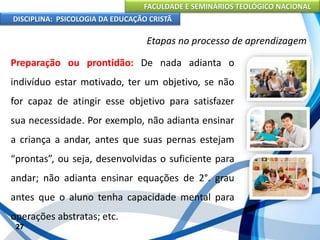 FACULDADE E SEMINÁRIOS TEOLÓGICO NACIONAL
DISCIPLINA: PSICOLOGIA DA EDUCAÇÃO CRISTÃ
27
Etapas no processo de aprendizagem
Preparação ou prontidão: De nada adianta o
indivíduo estar motivado, ter um objetivo, se não
for capaz de atingir esse objetivo para satisfazer
sua necessidade. Por exemplo, não adianta ensinar
a criança a andar, antes que suas pernas estejam
“prontas”, ou seja, desenvolvidas o suficiente para
andar; não adianta ensinar equações de 2°. grau
antes que o aluno tenha capacidade mental para
operações abstratas; etc.
 