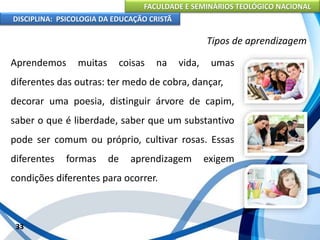 FACULDADE E SEMINÁRIOS TEOLÓGICO NACIONAL
DISCIPLINA: PSICOLOGIA DA EDUCAÇÃO CRISTÃ
33
Tipos de aprendizagem
Aprendemos muitas coisas na vida, umas
diferentes das outras: ter medo de cobra, dançar,
decorar uma poesia, distinguir árvore de capim,
saber o que é liberdade, saber que um substantivo
pode ser comum ou próprio, cultivar rosas. Essas
diferentes formas de aprendizagem exigem
condições diferentes para ocorrer.
 