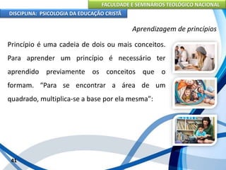 FACULDADE E SEMINÁRIOS TEOLÓGICO NACIONAL
DISCIPLINA: PSICOLOGIA DA EDUCAÇÃO CRISTÃ
41
Aprendizagem de princípios
Princípio é uma cadeia de dois ou mais conceitos.
Para aprender um princípio é necessário ter
aprendido previamente os conceitos que o
formam. “Para se encontrar a área de um
quadrado, multiplica-se a base por ela mesma”:
 