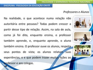 FACULDADE E SEMINÁRIOS TEOLÓGICO NACIONAL
DISCIPLINA: PSICOLOGIA DA EDUCAÇÃO CRISTÃ
68
Professores e Alunos
Na realidade, o que acontece numa relação não
autoritária entre pessoas? Todas podem crescer a
partir desse tipo de relação. Assim, na sala de aula,
como já foi dito, enquanto ensina, o professor
também aprende, e, enquanto aprende, o aluno
também ensina. O professor ouve os alunos, respeita
seus pontos de vista; os alunos relatam suas
experiências, o e que podem trazer muitas lições ao
professor e aos colegas.
 