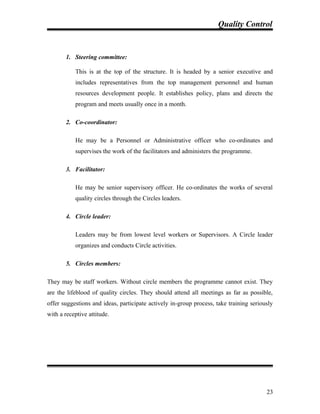 Quality Control
1. Steering committee:
This is at the top of the structure. It is headed by a senior executive and
includes representatives from the top management personnel and human
resources development people. It establishes policy, plans and directs the
program and meets usually once in a month.
2. Co-coordinator:
He may be a Personnel or Administrative officer who co-ordinates and
supervises the work of the facilitators and administers the programme.
3. Facilitator:
He may be senior supervisory officer. He co-ordinates the works of several
quality circles through the Circles leaders.
4. Circle leader:
Leaders may be from lowest level workers or Supervisors. A Circle leader
organizes and conducts Circle activities.
5. Circles members:
They may be staff workers. Without circle members the programme cannot exist. They
are the lifeblood of quality circles. They should attend all meetings as far as possible,
offer suggestions and ideas, participate actively in-group process, take training seriously
with a receptive attitude.
23
 
