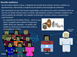 LEGO
Mestre/Guia
Mentor
Médium
Reunião mediúnica
Nos momentos em que não houver explanações, com leituras de cunho orientativo, deve-se
usar de um fundo musical suave. A música, não excitante, acalma e mantém o público num
mesmo padrão de vibração. Isso impede as distorções mentais e eleva a característica
espiritual geral.
Em experiências de efeitos físicos – como as que
foram realizadas pela madame D’Esperance
(1849-1918), por exemplo – as seções, são
usados os recursos da música para conter a
curiosidade do público.
Por tal motivo, dentre outros, o dirigente da reunião deve sempre concitar o público ao
aquietamento, informando a respeito da necessária harmonização do ambiente.
Público
 