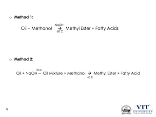 o Method 1:

Oil + Methanol

NaOH

 Methyl Ester + Fatty Acids

60 C

o Method 2:
80 C

Oil + NaOH -- Oil Mixture + Methanol  Methyl Ester + Fatty Acid
60 C

4

 