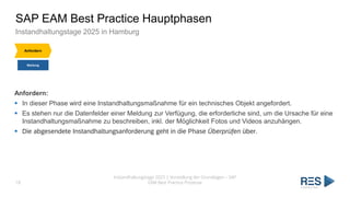 SAP EAM Best Practice Hauptphasen
Instandhaltungstage 2025 in Hamburg
Instandhaltungstage 2025 | Vorstellung der Grundlagen – SAP
EAM Best Practice Prozesse
18
Anfordern
Meldung
Anfordern:
▪ In dieser Phase wird eine Instandhaltungsmaßnahme für ein technisches Objekt angefordert.
▪ Es stehen nur die Datenfelder einer Meldung zur Verfügung, die erforderliche sind, um die Ursache für eine
Instandhaltungsmaßnahme zu beschreiben, inkl. der Möglichkeit Fotos und Videos anzuhängen.
▪ Die abgesendete Instandhaltungsanforderung geht in die Phase Überprüfen über.
 