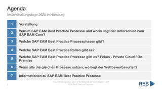 Agenda
Instandhaltungstage 2025 in Hamburg
1 Vorstellung
2 Warum SAP EAM Best Practice Prozesse und worin liegt der Unterschied zum
SAP EAM Core?
3 Welche SAP EAM Best Practice Prozessphasen gibt?
4 Welche SAP EAM Best Practice Rollen gibt es?
5 Welche SAP EAM Best Practice Prozesse gibt es? Fokus - Private Cloud / On-
Premise
6 Wenn alle die gleichen Prozesse nutzen, wo liegt der Wettbewerbsvorteil?
7 Informationen zu SAP EAM Best Practice Prozesse
Instandhaltungstage 2025 | Vorstellung der Grundlagen – SAP
EAM Best Practice Prozesse
2
 