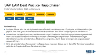 SAP EAM Best Practice Hauptphasen
Instandhaltungstage 2025 in Hamburg
Instandhaltungstage 2025 | Vorstellung der Grundlagen – SAP
EAM Best Practice Prozesse
22
Anfordern Überprüfen Planung Genehmigung Vorbereitung
Meldung Meldung Meldung
Auftrag Auftrag Auftrag
Vorbereitung:
▪ In dieser Phase wird die Verfügbarkeit aller erforderlichen Ressourcen, Ersatzteile und Dienstleistungen
geprüft. Die Verfügbarkeit aller erforderlichen Ressourcen wird durch farbige Symbole verdeutlicht.
▪ Anhand von farbigen Symbolen, werden die wichtigen Phasen im Beschaffungsprozess dargestellt und
man kann ausstehende Beschaffungsaktivitäten für Nichtlagerkomponenten und Dienstleistungen
identifizieren und die erforderlichen Maßnahmen ergreifen, damit diese termingerecht abgeschlossen
werden können.
▪ Sind alle erforderlichen Ressourcen verfügbar, kann man den Status auf in Bereit für Terminierung setzen,
geht der Auftrag in die Phase Terminierung über.
 