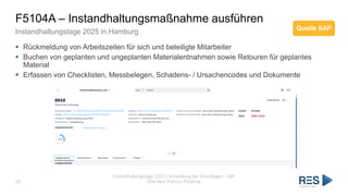 F5104A – Instandhaltungsmaßnahme ausführen
Instandhaltungstage 2025 in Hamburg
Instandhaltungstage 2025 | Vorstellung der Grundlagen – SAP
EAM Best Practice Prozesse
28
▪ Rückmeldung von Arbeitszeiten für sich und beteiligte Mitarbeiter
▪ Buchen von geplanten und ungeplanten Materialentnahmen sowie Retouren für geplantes
Material
▪ Erfassen von Checklisten, Messbelegen, Schadens- / Ursachencodes und Dokumente
Quelle SAP
 