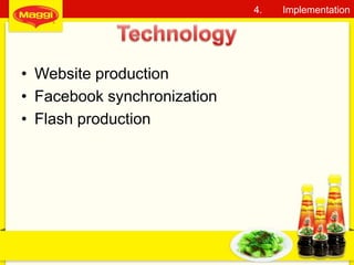 • Website production
• Facebook synchronization
• Flash production
32
4. Implementation
 
