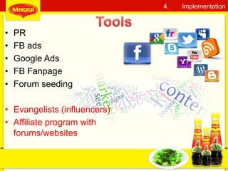 • PR
• FB ads
• Google Ads
• FB Fanpage
• Forum seeding
• Evangelists (influencers)
• Affiliate program with
forums/websites
34
4. Implementation
 