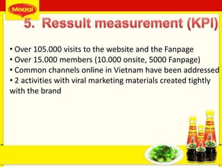 44
• Over 105.000 visits to the website and the Fanpage
• Over 15.000 members (10.000 onsite, 5000 Fanpage)
• Common channels online in Vietnam have been addressed
• 2 activities with viral marketing materials created tightly
with the brand
 