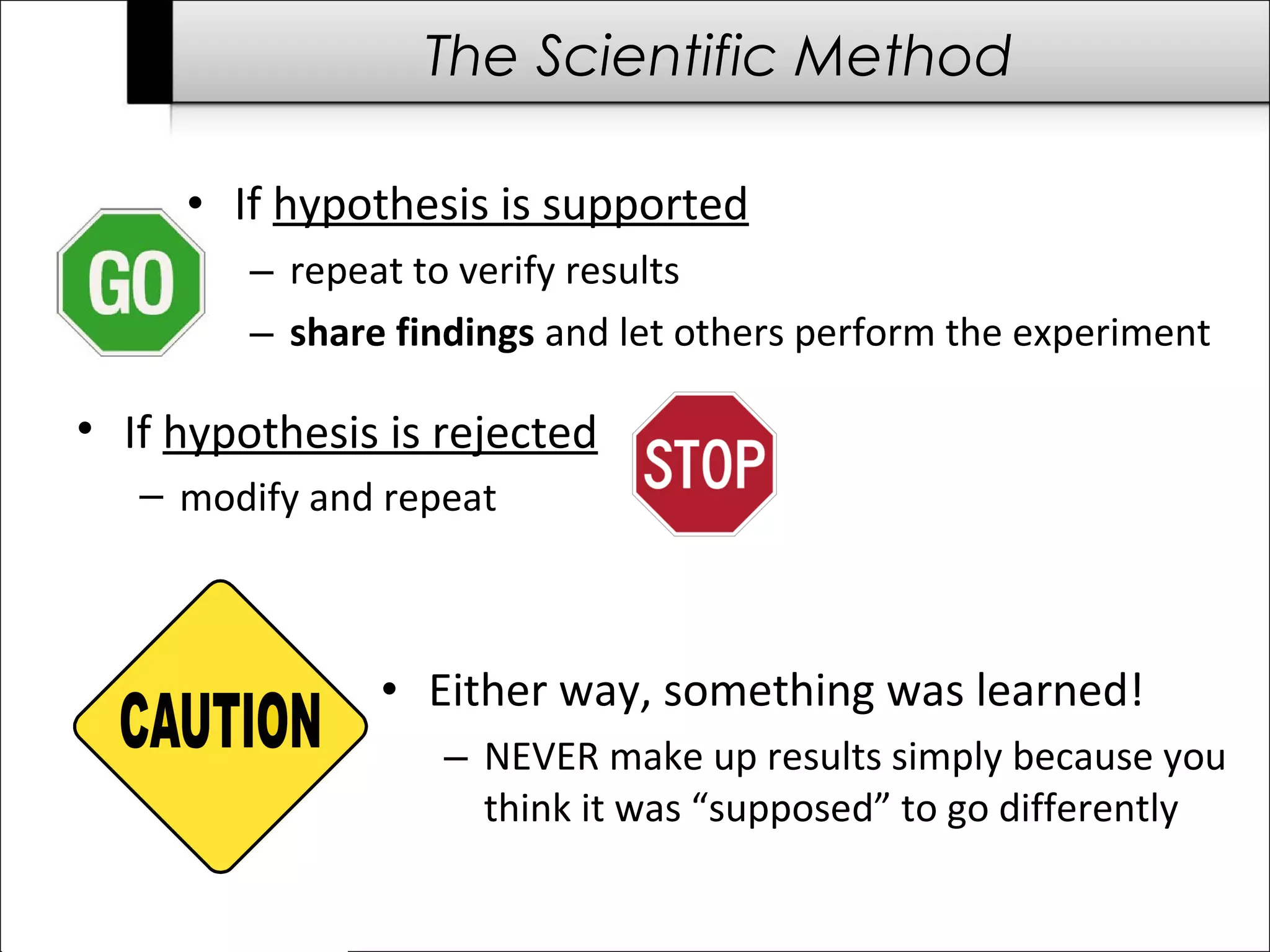 The Scientific Method
• If hypothesis is rejected
– modify and repeat
• If hypothesis is supported
– repeat to verify results
– share findings and let others perform the experiment
• Either way, something was learned!
– NEVER make up results simply because you
think it was “supposed” to go differently
 