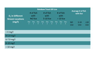 O2 In Different
Stream Locations
(mg/l)
Rainbow Trout Gill Lice
Average # of fish
with lice# of fish
with
NO lice
# of fish
with
5-10 lice
# of fish
with
> 10 lice
NO
Lice
5-10
Lice
>10
Lice
Day
1
Day
2
Day
3
Day
1
Day
2
Day
3
Day
1
Day
2
Day
3
< 4 mg/l
4-5.9 mg/l
6-7.9 mg/l
8-10 mg/l
> 10 mg/l
 