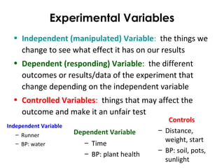 Experimental Variables
• Independent (manipulated) Variable: the things we
change to see what effect it has on our results
• Dependent (responding) Variable: the different
outcomes or results/data of the experiment that
change depending on the independent variable
• Controlled Variables: things that may affect the
outcome and make it an unfair test
Independent Variable
– Runner
– BP: water
Dependent Variable
– Time
– BP: plant health
Controls
– Distance,
weight, start
– BP: soil, pots,
sunlight
 