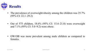 Results
• The prevalence of overweight/obesity among the children was 25.7%
(95% CI: 22.1–29.2)
• Out of 575 children, 18.6% (95% CI: 15.4–21.8) were overweight
and 7.1% (95% CI: 5.0–9.2) were obese.
• OW/OB was more prevalent among male children as compared to
females.
11/17/2020 Subekchaya KC 24
 