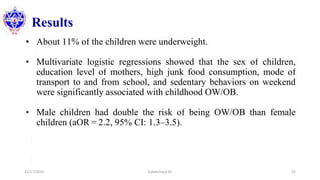 Results
• About 11% of the children were underweight.
• Multivariate logistic regressions showed that the sex of children,
education level of mothers, high junk food consumption, mode of
transport to and from school, and sedentary behaviors on weekend
were significantly associated with childhood OW/OB.
• Male children had double the risk of being OW/OB than female
children (aOR = 2.2, 95% CI: 1.3–3.5).
11/17/2020 Subekchaya KC 25
 