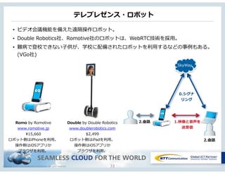 Copyright © NTT Communications Corporation. All rights reserved.
テレプレゼンス・ロボット
33
• ビデオ会議機能を備えた遠隔操作ロボット。  
• Double  Robotics社、Romotive社のロボットは、WebRTC技術を採⽤用。  
• 難病で登校できない⼦子供が、学校に配備されたロボットを利利⽤用するなどの事例例もある。
(VGo社)
0.シグナ 
リング
1.映像と⾳音声を 
送受信
2.会話
2.会話
SkyWay
Romo  by  Romotive  
www.romotive.jp  
15,660  
ロボット側はiPhoneを利利⽤用。 
操作側はiOSアプリか 
ブラウザを利利⽤用。
Double  by  Double  Robotics  
www.doublerobotics.com  
$2,499  
ロボット側はiPadを利利⽤用。 
操作側はiOSアプリか 
ブラウザを利利⽤用。
 