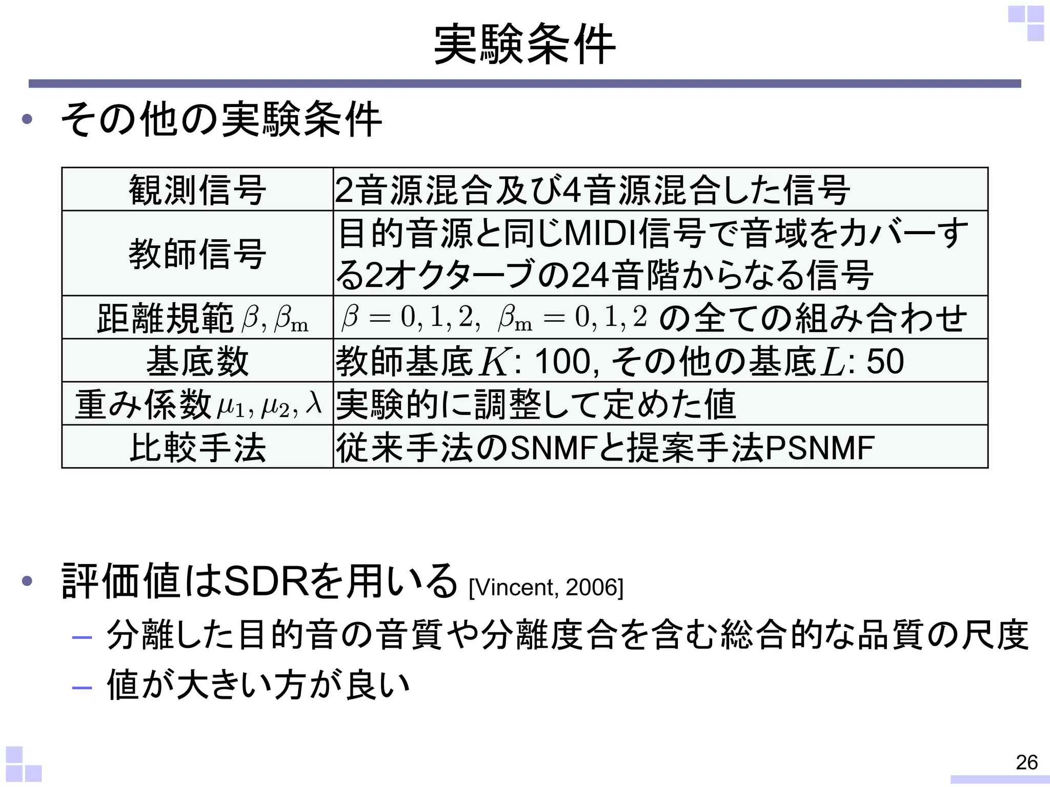 実験条件
• その他の実験条件
観測信号
教師信号
距離規範
基底数
重み係数
比較手法

2音源混合及び4音源混合した信号
目的音源と同じMIDI信号で音域をカバーす
る2オクターブの24音階からなる信号
の全ての組み合わせ
教師基底 : 100, その他の基底 : 50
実験的に調整して定めた値
従来手法のSNMFと提案手法PSNMF

• 評価値はSDRを用いる [Vincent, 2006]
– 分離した目的音の音質や分離度合を含む総合的な品質の尺度
– 値が大きい方が良い
26

 