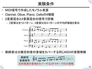 • MIDI信号で作成したモノラル音源
• Clarinet, Oboe, Piano, Celloの4種類
• 2音源混合と4音源混合の信号で評価
– 2音源は全12パターン，4音源は全4パターンの平均評価値を算出
• 教師音は分離目的音の音域をカバーする同じMIDIの音階情報
実験条件
25
教師用
音源信号
目的音源の音域をカバーする2オクターブの24音階
 
