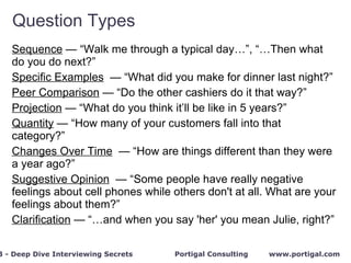 Question Types Sequence  — “Walk me through a typical day…”, “…Then what do you do next?” Specific Examples   — “What did you make for dinner last night?” Peer Comparison  — “Do the other cashiers do it that way?” Projection  — “What do you think it’ll be like in 5 years?” Quantity  — “How many of your customers fall into that category?” Changes Over Time   — “How are things different than they were a year ago?” Suggestive Opinion   — “Some people have really negative feelings about cell phones while others don't at all. What are your feelings about them?”  Clarification  — “…and when you say 'her' you mean Julie, right?” 
