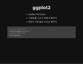 ggplot2
HadleyWickham
그래프를그리기위한R패키지
R에서가장많이쓰이는패키지
#ggplot2패키지설치
install.packages('ggplot2')
#ggplot2패키지로드
library(ggplot2)

 