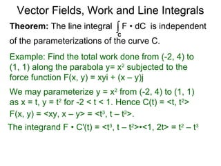 Vector Fields, Work and Line Integrals
Theorem: The line integral is independent
of the parameterizations of the curve C.
∫C
F • dC
We may parameterize y = x2
from (-2, 4) to (1, 1)
as x = t, y = t2
for -2 < t < 1. Hence C(t) = <t, t2
>
F(x, y) = <xy, x – y> = <t3
, t – t2
>.
The integrand F • C'(t) = <t3
, t – t2
>•<1, 2t> = t2
– t3
Example: Find the total work done from (-2, 4) to
(1, 1) along the parabola y= x2
subjected to the
force function F(x, y) = xyi + (x – y)j
 