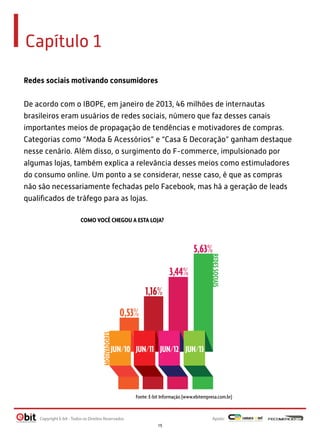 Capítulo 1
Redes sociais motivando consumidores
De acordo com o IBOPE, em janeiro de 2013, 46 milhões de internautas
brasileiros eram usuários de redes sociais, número que faz desses canais
importantes meios de propagação de tendências e motivadores de compras.
Categorias como “Moda & Acessórios” e “Casa & Decoração” ganham destaque
nesse cenário. Além disso, o surgimento do F-commerce, impulsionado por
algumas lojas, também explica a relevância desses meios como estimuladores
do consumo online. Um ponto a se considerar, nesse caso, é que as compras
não são necessariamente fechadas pelo Facebook, mas há a geração de leads
qualiﬁcados de tráfego para as lojas.
JUN/10
MOTIVADORES
REDESSOCIAIS
JUN/11 JUN/12 JUN/13
0,53%
1,16%
3,44%
5,63%
Fonte: E-bit Informação (www.ebitempresa.com.br)
COMO VOCÊ CHEGOU A ESTA LOJA?
Apoio:Copyright E-bit - Todos os Direitos Reservados
15
 