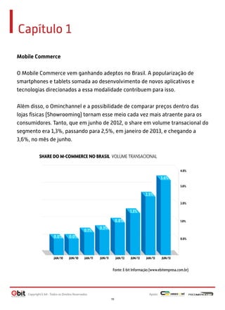 Capítulo 1
Mobile Commerce
O Mobile Commerce vem ganhando adeptos no Brasil. A popularização de
smartphones e tablets somada ao desenvolvimento de novos aplicativos e
tecnologias direcionados a essa modalidade contribuem para isso.
Além disso, o Ominchannel e a possibilidade de comparar preços dentro das
lojas físicas (Showrooming) tornam esse meio cada vez mais atraente para os
consumidores. Tanto, que em junho de 2012, o share em volume transacional do
segmento era 1,3%, passando para 2,5%, em janeiro de 2013, e chegando a
3,6%, no mês de junho.
JAN/10
SHARE DO M-COMMERCE NO BRASIL VOLUME TRANSACIONAL
0.0%
1.0%
2.0%
3.0%
4.0%
0.0% 0.0%
0.1% 0.3%
0.8%
1.3%
2.5%
3.6%
JUN/10 JUN/11JAN/11 JAN/12 JUN/12 JUN/13JAN/13
Fonte: E-bit Informação (www.ebitempresa.com.br)
Apoio:Copyright E-bit - Todos os Direitos Reservados
16
 