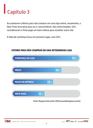 Capítulo 3
Ao avaliarem critérios para não comprar em uma loja online, novamente, o
fator frete teve peso para os e-consumidores. Dos entrevistados, 12%
consideraram o frete pago um bom motivo para escolher outro site.
A falta de conﬁança ﬁcou em primeiro lugar, com 15%.
FATORES PARA NÃO COMPRAR EM UMA DETERMINADA LOJA
Fonte: Pesquisa Frete Junho/2013 (www.ebitempresa.com.br)
CONFIANÇA NA LOJA 15%
14%
13%
12%
PREÇO
PRAZO DE ENTREGA
FRETE PAGO
Apoio:Copyright E-bit - Todos os Direitos Reservados
34
 