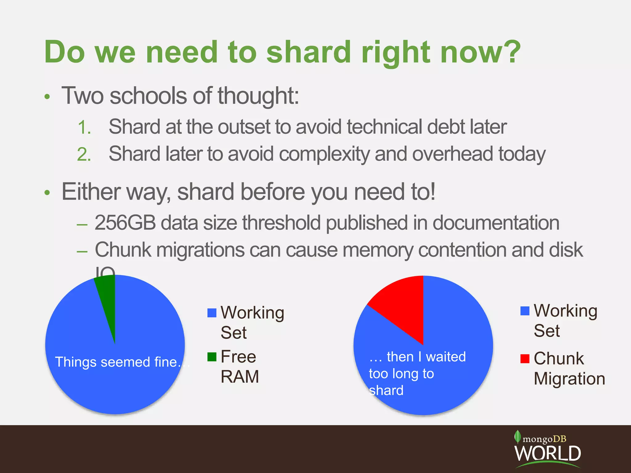 Do we need to shard right now?
• Two schools of thought:
1. Shard at the outset to avoid technical debt later
2. Shard later to avoid complexity and overhead today
• Either way, shard before you need to!
– 256GB data size threshold published in documentation
– Chunk migrations can cause memory contention and disk
IO
Working
Set
Free
RAM
Things seemed fine…
Working
Set
Chunk
Migration
… then I waited
too long to
shard
 