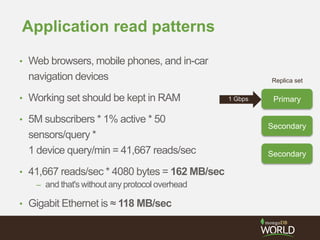Application read patterns
• Web browsers, mobile phones, and in-car
navigation devices
• Working set should be kept in RAM
• 5M subscribers * 1% active * 50
sensors/query *
1 device query/min = 41,667 reads/sec
• 41,667 reads/sec * 4080 bytes = 162 MB/sec
– and that's without any protocol overhead
• Gigabit Ethernet is ≈ 118 MB/sec
Primary
Secondary
Secondary
Replica set
1 Gbps
 