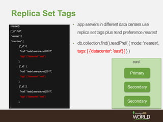 Replica Set Tags
• app servers in different data centers use
replica set tags plus read preferencenearest
• db.collection.find().readPref( { mode: 'nearest',
tags: [ {'datacenter': 'east'} ] } )
east
Secondary
Secondary
Primary
>rs.conf()
{"_id":"rs0",
"version":2,
"members":[
{"_id":0,
"host":"node0.example.net:27017",
"tags":{"datacenter":"east"}
},
{"_id":1,
"host":"node1.example.net:27017",
"tags":{"datacenter":"east"}
},
{"_id":2,
"host":"node2.example.net:27017",
"tags":{"datacenter":"east"}
},
}
 