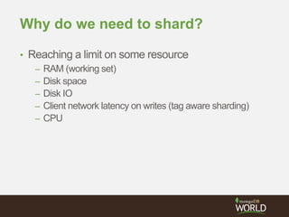 Why do we need to shard?
• Reaching a limit on some resource
– RAM (working set)
– Disk space
– Disk IO
– Client network latency on writes (tag aware sharding)
– CPU
 