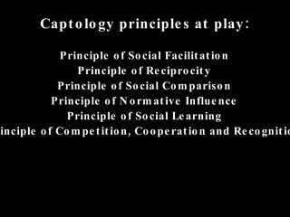 Captology principles at play: Principle of Social Facilitation Principle of Reciprocity Principle of Social Comparison Principle of Normative Influence Principle of Social Learning Principle of Competition, Cooperation and Recognition 