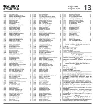 Diário Oficial
 GUARUJÁ
                                                                                                                              terça-feira
                                                                                                                              29 de janeiro de 2013
                                                                                                                                                                  13
17943	   ROSELY SILVA DE ABREU	                     180   16018	   SUELI RODRIGUES ALVES	                     180   19273	      WALAS DE FARIA ALEXANDRE	                         200
17743	   ROSEMARY CELIA OLIVEIRA MARTINS	           200   18499	   SUELI SILVA PEREIRA	                       200   13524	      WALKIRIA DANIEL AUGUSTO	                          200
16668	   ROSEMARY DA SILVA FERNANDES OLIVEIRA	      200   16836	   SUELI TENORIO CAVALCANTI DOS SANTOS	       200   13525	      WALQUES JOSE BATISTA SANTANA	                     200
19489	   ROSEMARY FERREIRA DE AZEVEDO	              200   18490	   SUELLEN SANTANA SACRAMENTO COIMBRA	        200   14196	      WALTER DOS SANTOS	                                200
19476	   ROSEMARY MAIA DOS SANTOS	                  200   18511	   SUZANILDA ESTELINA DA SILVA	               200   7607	       WASHINGTON LUIZ FAZZANO GADIG	                    150
10769	   ROSENI LIMA DA CRUZ	                       180   16599	   TAINARA HENRIQUE DOS SANTOS	               180   16654	      WEBERTON GONZAGA DOS SANTOS	                      200
14974	   ROSICLER FONSECA	                          150   19455	   TALITA JULIANA BAPTISTA DA SILVA	          180   19299	      WELLINGTON DE SOUZA COSTA JUNIOR	                 200
17966	   ROSILENE CARVALHO GADI	                    180   18495	   TANIA ALVES MARTINS	                       200   13526	      WELLINGTON MANOEL DA SILVA	                       200
16027	   ROSIMARI BRAGA	                            180   16758	   TANIA CICERA SILVA DOS SANTOS	             180   13527	      WELLINGTON RIBEIRO	                               200
16837	   ROSIMEIRE DO NASCIMENTO SANTOS	            200   17955	   TANIA MARIA JARDIM CARDOSO	                180   17472	      WESLEY DE ALMEIDA RAMOS	                          200
18637	   ROSINEIDE FELICIANO DA SILVA	              180   17957	   TANIA MENESES BARBOSA	                     180   16689	      WILKER LUIS MANGE CARLOS	                         200
18031	   ROZILENE PEREIRA DA SILVA	                 180   19207	   TARCISIO ALVES GOMES	                      200   16966	      WILSON JOSE DOS SANTOS	                           200
14187	   RUBENIR MEDEIROS DE PAULA	                 200   17480	   TARCITO FONTES DAS NEVES	                  200   16806	      WILSON ROBERTO DA SILVA	                          200
12782	   RUBENS DIAS CORREA JUNIOR	                 200   18520	   TATHIANA CAVALCANTE DIAS	                  180   19328	      WILSON TADEU GERLACH	                             200
17852	   SABRINA SILVA DOS SANTOS	                  180   17121	   TATIANA ALVES	                             180   17964	      YARA MARIA FERREIRA	                              180
19221	   SAMIA EMILENE TABARIN	                     200   19337	   TATIANA NUNES PIRES GONCALVES	             200   18491	      YURGUE DOS REMEDIOS DIAS	                         200
13504	   SANDRA DO NASCIMENTO DE ARAUJO	            200   19380	   TATIANA OLIVEIRA DA FONSECA CIANTELA	      180   19322	      YURI CICCONI BIANCHI	                             200
19461	   SANDRA DOS SANTOS FARIAS	                  200   19297	   TATIANE CORREIA PEREIRA	                   200   19575	      YURI OLIVEIRA CLAUS	                              180
16834	   SANDRA MUNIZ DE FREITAS	                   200   18314	   TATIANE MICK LARANGEIRA	                   180   17985	      ZELIA HELENA DE OLIVEIRA	                         180
16000	   SANDRA PAULA DA COSTA GENTIL	              180   18508	   TATIANE OLIVEIRA NUNES DA SILVA	           200   16832	      ZELINDA DOS SANTOS DE PAULA	                      200
13505	   SANDRA PINTO COELHO MARTINS	               200   16103	   TEREZINHA DE JESUS DA SILVA FERNANDES	     180   19386	      ZENAIDE CRUZ	                                     180
16701	   SANDRA REGINA DA SILVA FERREIRA	           200   18147	   THABATA RUFINO DOS SANTOS	                 200   19263	      ZENILDA DE LIMA PERANDRE	                         200
14188	   SANDRA SOUZA DOS SANTOS	                   200   18043	   THAIS ELISA TEIXEIRA MENDES NEVES	         150   18023	      ZILDA JESUS DE ALMEIDA SANTOS	                    180
17101	   SANDRO CASTILHO LARANGEIRA	                200   19500	   THAMYRIS BENEVIDES DE SOUZA	               180
13506	   SANDRO DE MORAES DUARTE	                   200   19428	   THAUANA FIRMINO IAMA	                      180                Registre-se, publique-se e dê-se ciência.
13507	   SANDRO SANTOS DE SOUZA	                    200   16748	   THAYS CARVALHO DEMETRIO	                   180       Prefeitura Municipal de Guarujá, 22 de janeiro de 2013.
16537	   SANTIAGO SILVA SANTOS	                     200   17117	   THIAGO DE OLIVEIRA FERNANDES	              200                                PREFEITA
16854	   SELMA TEIXEIRA DOS SANTOS	                 200   13514	   THIAGO SANTANA VIGAL	                      200   “ADM”/rdl
12734	   SERGIO ANASTACIO	                          150   13515	   TONY DE PAULA CORREA	                      200   Registrada no Livro Competente
18514	   SERGIO APARECIDO MENDES SANTOS	            200   14189	   UBIRAJARA JORGE FERNANDES	                 200   “UAE GBPRE”, em 22.01.2013
17115	   SERGIO BENTO DA SILVA	                     200   16878	   VAGNA DE SOUZA LIMA	                       200   Renata Disaró Lacerda
17153	   SERGIO LEANDRO DA CRUZ	                    200   17578	   VAGNER JOSE DE ALMEIDA ALCANTARA	          200   Pront. n.º 11.130, que a digitei e assino
17474	   SERGIO LUIZ DE LIMA	                       200   14190	   VALDEMAR DE FREITAS SANTOS	                200
9903	    SERGIO LUIZ FERREIRA DOS SANTOS	           100   16265	   VALDENICE MOTTA	                           180                     (Republicação por incorreção)
11621	   SERGIO ROBERTO MONTEIRO	                   200   16718	   VALDIRENE DA SILVA ALCANTARA	              200                       Portaria N.º 876/2013.-
17149	   SEVERINO JOSE DA SILVA	                    200   19265	   VALQUIRIA CATARINO DE SOUZA	               200   MARIA ANTONIETA DE BRITO, PREFEITA MUNICIPAL DE GUARUJÁ,
16919	   SHEILA CRUZ DE SANTANA	                    200   18116	   VANDERLEIA MARIA DA CONCEICAO PRUDENCIO	   200   usando das atribuições que a Lei lhe confere,
18542	   SHEILA DE ASSUNCAO LEAL	                   200   19556	   VANESSA CELIA OLIVEIRA	                    200                              RESOLVE:
19573	   SHEILA GOES LIMA	                          200   16522	   VANESSA FERNANDES COSTA MENDES	            150   TORNAR SEM EFEITO a Portaria nº 739/2013, de 17 de janeiro
18516	   SHEILA SILVA DOS SANTOS ANDRADE	           200   19241	   VANESSA MONTEIRO TEIXEIRA BEZERRA	         200   de 2013.
13510	   SHEYLA REGINA RODRIGUES DE MELO	           200   16762	   VANESSA PERES MELO DIAS	                   180                Registre-se, publique-se e dê-se ciência.
12784	   SHIRLEI KAZUE CHINEN	                      150   19133	   VANESSA SILVIA SANTOS	                     200       Prefeitura Municipal de Guarujá, 24 de janeiro de 2013.
16006	   SILMA REGINA SANTOS FREITAS DE GUSMAO	     180   17940	   VANIA AMBROSIO DA SILVA MACIEL	            180                                PREFEITA
18845	   SILMARA SANTANA COSTA	                     180   19352	   VANIA COUTINHO DE OLIVEIRA LIMA	           200   “UAE”/rdl
18051	   SILMARA SOARES DOS SANTOS	                 180   19462	   VANIA DE FARIA DA SILVA	                   200   Registrada no Livro Competente
18039	   SILVANIA RODRIGUES DE OLIVEIRA LIMA	       180   16085	   VANILDA GIANGIULIO DE BRITTO	              180   “UAE GBPRE”, em 24.01.2013
17583	   SILVIA APARECIDA DE DEUS DA S E SILVA	     200   18120	   VANUBIA ROCHA SOUZA	                       200   Renata Disaró Lacerda
17157	   SILVIA APARECIDA PEREIRA MUSCULIS	         180   17982	   VARLEIA LOPES ARAUJO	                      180   Pront. n.º 11.130, que a digitei e assino
12772	   SILVIA HELENA BARBOSA DE MELLO	            180   16540	   VENUS MAS DE OLIVEIRA	                     180
14511	   SILVIA HELENA DE ALMEIDA PINTO	            150   13656	   VERA LIDIA BERRETA	                        150                       Portaria N.º 884/2013.-
17470	   SILVIA MARIA TIRLONE DE OLIVEIRA	          200   16820	   VERA LUCIA DA SILVA BATISTA	               200   MARIA ANTONIETA DE BRITO, PREFEITA MUNICIPAL DE GUARUJÁ,
17938	   SILVIA REGINA CASSIANO SANTOS	             180   16222	   VERA LUCIA NASCIMENTO ENTENZA SANTOS	      180   no uso de suas atribuições que a Lei lhe confere;
18127	   SILVIA SILVA DO NASCIMENTO	                200   17131	   VERA LUCIA SANTOS CORREA	                  200   Considerando o elevado número de assinaturas apostas pela
16784	   SILVIO RUFINO DA SILVA	                    200   13518	   VERNELI DE SOUZA SILVA	                    200   Prefeita Municipal de Guarujá nos documentos expedidos pelo
17969	   SILZETE APARECIDA GONCALVES DE CARVALHO	   180   19335	   VERONICA DE AGUIAR CASTRO	                 200   Poder Público;
16226	   SIMONE BISPO DE OLIVEIRA	                  180   17152	   VIDAL LOPES ARAUJO	                        200   Considerando necessidade de dar segurança nas práticas ine-
12739	   SIMONE CARDOSO DOS SANTOS CLAUDINO	        180   17144	   VINICIUS REIS FERNANDES	                   200   rentes às atividades a serem desenvolvidas pela Prefeitura Muni-
18167	   SIMONE DE SOUZA	                           200   17079	   VITOR DE SOUZA NETO	                       200   cipal de Guarujá, quando da expedição de documentos em série
19298	   SIMONE FERREIRA DE JESUS	                  200   19457	   VITOR HUGO DA SILVA	                       200   ou de emissão repetitiva;
5762	    SOLANGE ALVAREZ AMARAL	                    150   18151	   VITOR LUIZ DOS SANTOS SAGAS	               200   Considerando ainda, que a assinatura destes documentos ab-
19247	   SOLANGE DA SILVA GOMES	                    150   10842	   VIVIAN GOMES MARTINS	                      100   sorve a maior parte do expediente da Chefia do Poder Execu-
19354	   SOLANGE MARIA BASTOS	                      180   19223	   VIVIAN PEIXOTO COSTA	                      200   tivo, com prejuízo da administração dos órgãos que lhes são
16099	   SONIA LUZIA SENA REI	                      180   19225	   VIVIANE BEZERRA DA SILVA	                  200   subordinados;
18488	   SONIA MARIA ALEXANDRE DE LIMA	             200   18848	   VIVIANE HOROOKA BIONOMO	                   180   Considerando, outrossim, que o processo de assinatura por
13552	   SONIA MARIA AZEVEDO MARQUES	               150   14191	   VLADIMIR PINTO DE ABREU	                   200   meio de carimbo manual ou de chancela mecânica possibilita
18505	   SONIA MARIA CHAVES	                        200   16873	   VLADIMIR ROMERO FERNANDES	                 200   reais vantagens administrativas e de segurança; e,
16257	   SONIA MARIA ROCHA GARCIA SILVA	            180   14192	   WAGNER DA SILVA GUIMARAES	                 200   Considerando, por fim, o disposto no Decreto n.º 8.709, de 04 de
18875	   STEFANI DE SALLES MENDES	                  150   14193	   WAGNER DE ALMEIDA DEMETRIO	                200   junho de 2009;
19216	   STEFANIA RIBEIRO DA SILVA	                 200   14194	   WAGNER MARAN	                              200                              RESOLVE:
17977	   SUELI ANA DA CONCEICAO	                    180   13521	   WAGNER MARCONDES CASSILHAS	                200   Art. 1.º DESIGNAR o Sr. JULIANO OLIVEIRA DE SOUZA – Pront.
18501	   SUELI APARECIDA CAJAZEIRA	                 200   14195	   WAGNER NUNES DE ABREU	                     200   n.º 17.305, para desempenhar as funções de guardião e instru-
12971	   SUELI CIURLIN	                             150   13522	   WAGNER PINHEIRO LEAL	                      200   mentador, do carimbo manual ou chancela mecânica, conforme
18169	   SUELI DE SOUSA VALCACIO	                   200   13523	   WAGNER SANTANA DE ARAUJO	                  200   disposto no Decreto n.º 8.709, de 04 de junho de 2009.
 