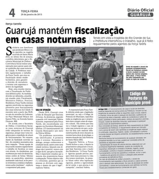 4               terça-feira
                    29 de janeiro de 2013
                                                                                                                                                                           Diário Oficial
                                                                                                                                                                            GUARUJÁ
força tarefa


Guarujá mantém fiscalização
em casas noturnas                                                                                                   Tendo em vista a tragédia do Rio Grande do Sul,
                                                                                                                    a Prefeitura intensificou o trabalho, que já é feito
                                                                                                                    regularmente pelos agentes da Força Tarefa


S
         olidária aos familiares




                                                                                                                                                          Pedro Rezende
         que perderam filhos e en-
         tes queridos na tragédia
         ocorrida em Santa Maria
(RS), no último fim de semana,
a prefeita determinou que a Se-
cretaria Municipal de Defesa e
Convivência Social realize uma
operação para apurar quais são                                                                                                                                            Antes de expedir o alvará de
as condições das casas noturnas                                                                                                                                           qualquer estabelecimento,
da Cidade. A Prefeitura man-                                                                                                                                              fiscais da Prefeitura visitam
                                                                                                                                                                          o local e avaliam se está
tém regularmente o trabalho                                                                                                                                               dentro das normas exigidas;
da Força Tarefa, que atua na                                                                                                                                              além disso, a Força Tarefa
fiscalização desses estabe-                                                                                                                                               faz blitz frequentes em
lecimentos, para garantir                                                                                                                                                 todos os tipos de comércio
a diversão de moradores
e turistas com segurança e
dentro da legalidade.
    Hoje, uma reunião interna
com a Fiscalização da Prefei-
tura definirá ações. As medidas
deverão ser debatidas, amanhã,
                                                                                                                                                                            Código de
em reunião entre Fiscalização,
Ministério Público, Posturas,
                                                                                                                                                                           Posturas do
Bombeiros, Força Tarefa e demais
agentes envolvidos na segurança
                                                                                                                                                                          Município prevê
preventiva para funcionamento
das casas noturnas da Cidade. O        Sala de Situação                           A responsável pela Força Tare-        Artigo 264 – O funcionamento de casas e locais de diversões
encontro será a partir das 9h30,                                              fa informa ainda que a legislação         públicas depende de licença prévia da Prefeitura. Incluem-se nas
                                           Desde 2010, Guarujá criou
                                                                                                                        exigências do presente artigo as seguintes casas e locais: teatros
na sala de reuniões do Gabinete,       a Sala de Situação que funciona        municipal, ou seja o Código de
                                                                                                                        e cinemas; circos de pano e parques de diversões; auditórios de
no Paço Municipal Moacir dos           24 horas. As denúncias, segundo        Posturas do Município, especifica         emissoras de rádio e televisão; salões de conferência e salões
                                                                                                                                                                                        de
Santos Filho, na Avenida Santos        a guarda civil municipal Valéria       todas as exigências que o proprie-        bailes; pavilhões e feiras particulares; campos de esporte e piscinas;
Dumont, 800.                           Amorim, responsável pela Força         tário deve cumprir antes de reque-        rinques; clubes de diversões noturnas; quermesses e quaisquer
    De acordo com o Secretário         Tarefa, são encaminhadas aos           rer o alvará. Ela contou que uma          outros locais de divertimentos públicos.
de Defesa e Convivência Social,        agentes via Ouvidoria Municipal,       vez a Cidade registrou o caso de          Para concessão da licença, deverá ser feito requerimento ao órgão
as casas noturnas de Guarujá           telefone 153 (monitoramento da         uma casa noturna em que a acús-           competente da Prefeitura. O requerimento deverá ser instruído
estão adequadas às normas de           Guarda Municipal) e por meio           tica era feita com material infla-        com a prova de terem sido satisfeitas as exigências legais relativas
segurança, porque essa é uma exi-                                             mável (cartela de ovo) e durante os       à construção, segurança, higiene, saúde, comodidade e conforto
                                       da Polícia Militar.                                                                                                                                   se
                                                                                                                        incluindo estudo de impacto ambiental, do estabelecimento onde
gência para a expedição do alvará          “Os problemas recorrentes          eventos havia show de pirofagia, a
                                                                                                                        der a atividade.
de funcionamento. No entanto,          são identificados. A primeira          mesma situação da Casa Noturna
                                                                                                                        Nenhuma licença de funcionamento de qualquer atividade, em
diante da fatalidade ocorrida no       ação é orientar. Buscamos o            de Santa Maria (RS).                       ambiente fechado ou ar livre, poderá ser concedida antes de
Sul, ele considera necessária uma      diálogo, porque conhecemos a               Segundo Valéria, a Força               satisfeitas as seguintes exigências:
nova inspeção. “Nossa equipe de        condição social, assim como uma        Tarefa fechou a casa, e depois os          - Apresentação do laudo de vistoria técnica, elaborado por um
força tarefa mantém regularmente       cidade turística. Quando esse di-      proprietários adequaram o local,           profissional legalmente habilitado, quanto às condições de
o trabalho de fiscalizar as casas      álogo não é possível, vamos com        que hoje funciona com o laudo              segurança, prevenção e combate a incêndio, higiene, saúde,
com alvarás. As clandestinas, que      o rigor da lei, que gera a lacração.   dos Bombeiros. "A Força Tarefa             comodidade, conforto e impacto ambiental, bem como ao
recebemos por meio de denúncias,       Mas é importante ressaltar que a       é rigorosa quando preciso, por-            funcionamento normal dos aparelhos e motores, se for o caso;
temos ordem de fechar. Mesmo                                                  que o bem mais precioso é a vida           - Existência de garantia de acesso e utilização pelas pessoas
                                       maioria dos proprietários busca
                                                                                                                         portadoras de deficiência física.
assim, na quarta-feira, estaremos      a adequação. Nosso objetivo não        dos nossos munícipes. As pesso-
                                                                                                                         No caso de atividade de caráter provisório, o alvará de
analisando cada local, se for preci-   é o retrocesso, queremos que as        as falam sobre uma legislação              funcionamento será expedido a título precário e valerá somente
so reveremos a conduta e implanta-     pessoas se divirtam com segu-          rigorosa, porém a rigorosidade             para o período nele determinado. No caso de atividade de caráter
remos ações imediatas”, explicou       rança e dentro do que é legal”,        da lei existe, o que precisa é ser         permanente, o alvará de funcionamento será definido na forma
o responsável pela pasta.              explicou Valéria.                      cumprida", concluiu Valéria.               fixada para estabelecimentos comerciais em geral.
 