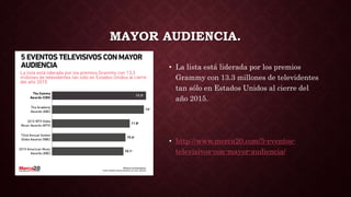 MAYOR AUDIENCIA.
• La lista está liderada por los premios
Grammy con 13.3 millones de televidentes
tan sólo en Estados Unidos al cierre del
año 2015.
• http://www.merca20.com/5-eventos-
televisivos-con-mayor-audiencia/
 